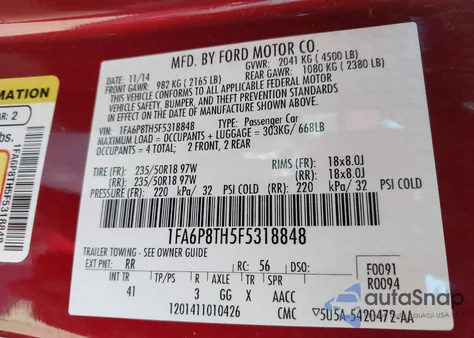 2015 Ford Mustang Ecoboost из США, поврежденный, VIN 1FA6P8TH5F5318848